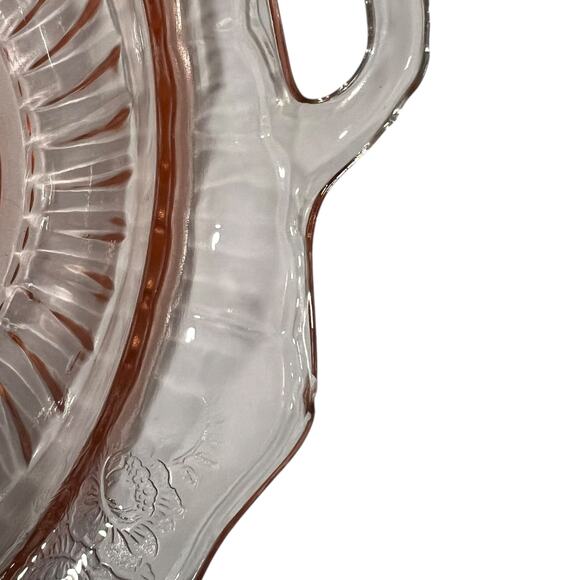 Vintage Pink Depression Glass Handled Bowl Floral Etched Centerpiece - Picture 14 of 16